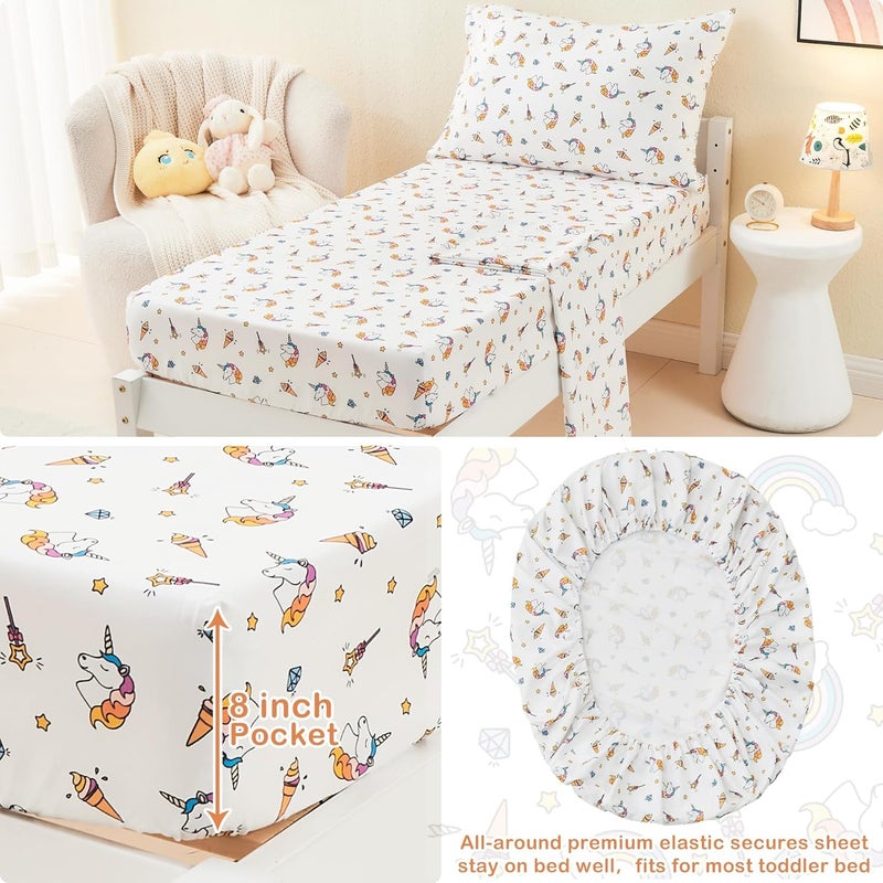 Mooreeke 4 Pieces Toddler Bedding Set - Soft Unicorn Rainbow Toddler Comforter Sets for Girls, Includes Quilted Comforter, Flat Sheet, Fitted Sheet and Pillowcase, Bed in A Bag for Baby Bedroom - Image 4